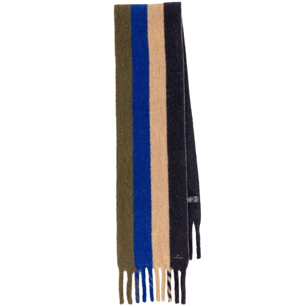 PAUL SMITH Mens Scarf Green Tan Blue Stripe Cozy Knit Fringe Hem Logo 10x66 $125